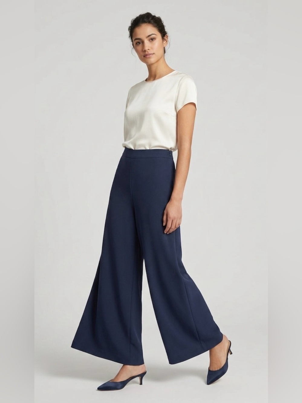 Theory Navy Blue Extra Wide Leg Oxford Crepe Pull On Pants Trousers